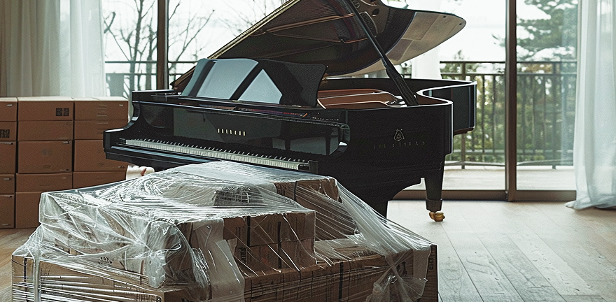 Piano with boxes in front of it