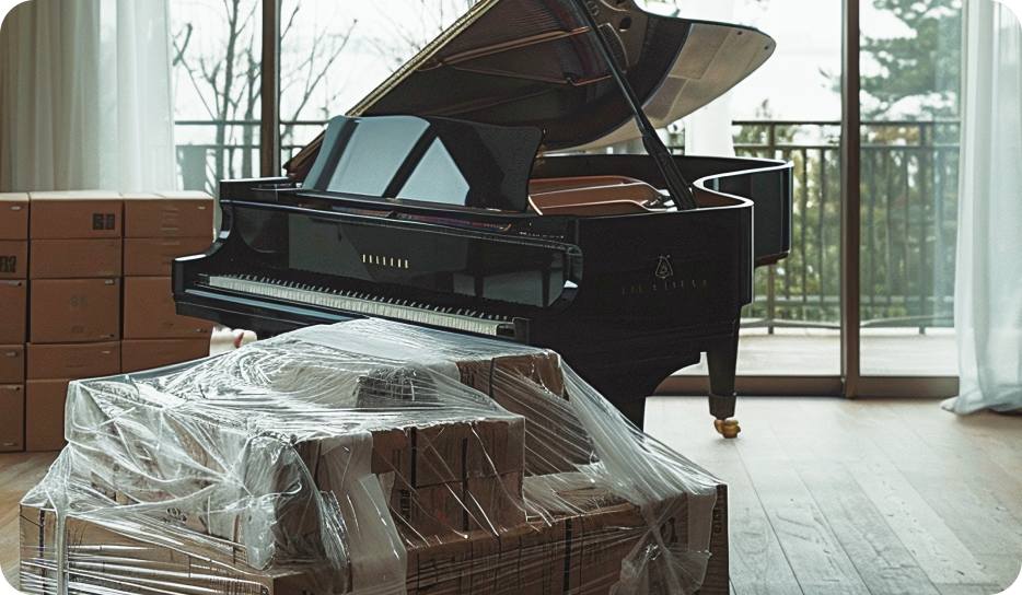 Piano with boxes in front of it