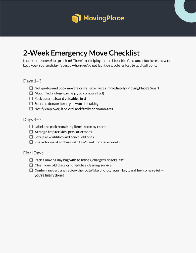 An image of a pdf checklist for a room-by-room packing checklist