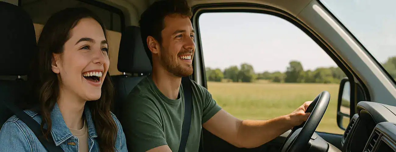 A couple inside the cab of a moving truck having a nice time during their move