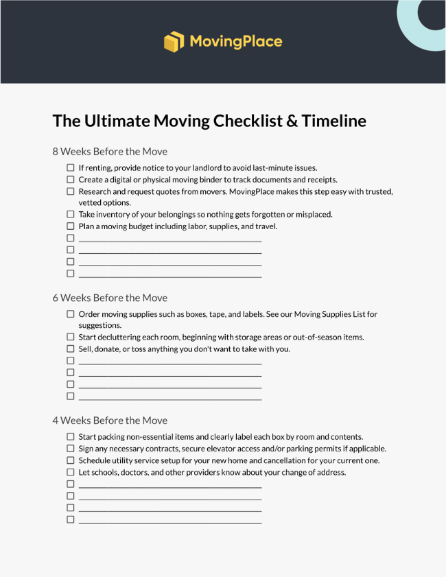 An image of a pdf checklist for a room-by-room packing checklist