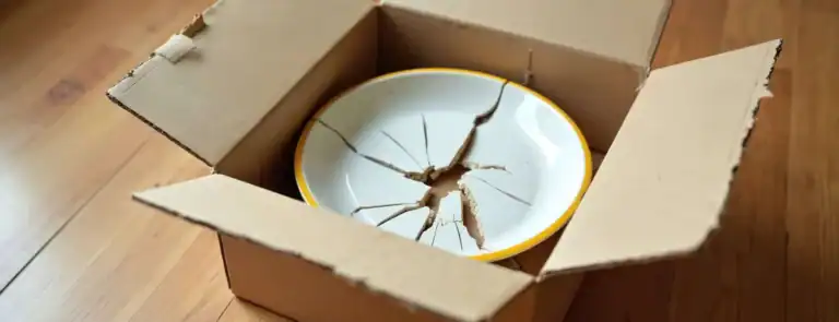 Broken plate in shipping box illustrating the importance of moving insurance.