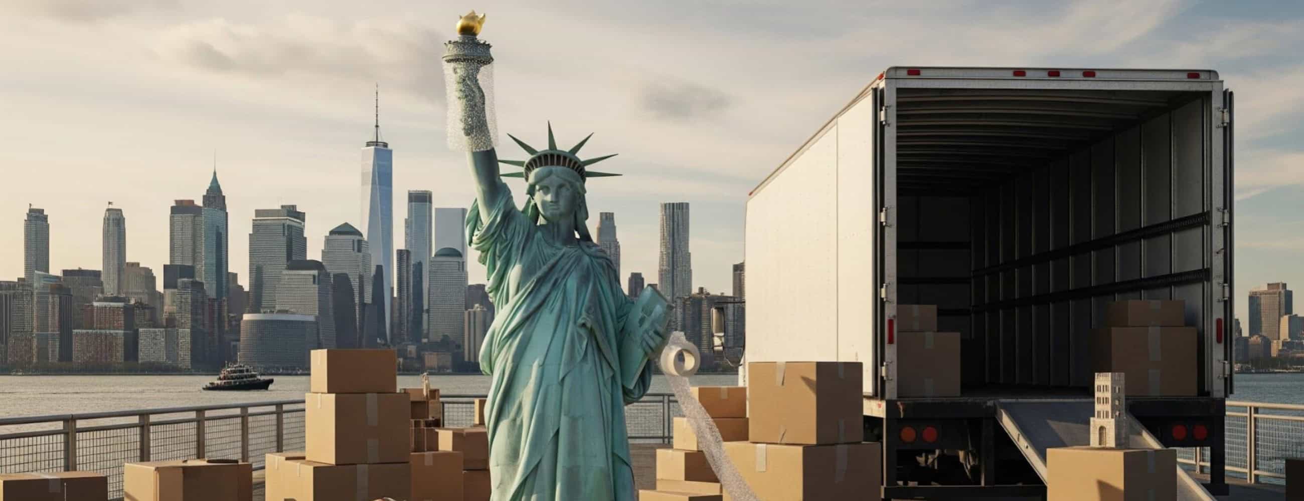 An image of a moving truck next to the statue of liberty