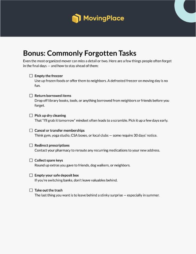 An image of a pdf checklist for a room-by-room packing checklist