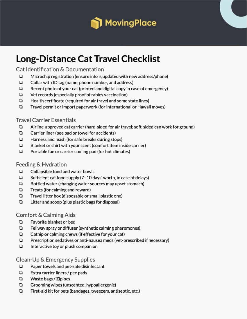 An image of a long-distance cat travel checklist.