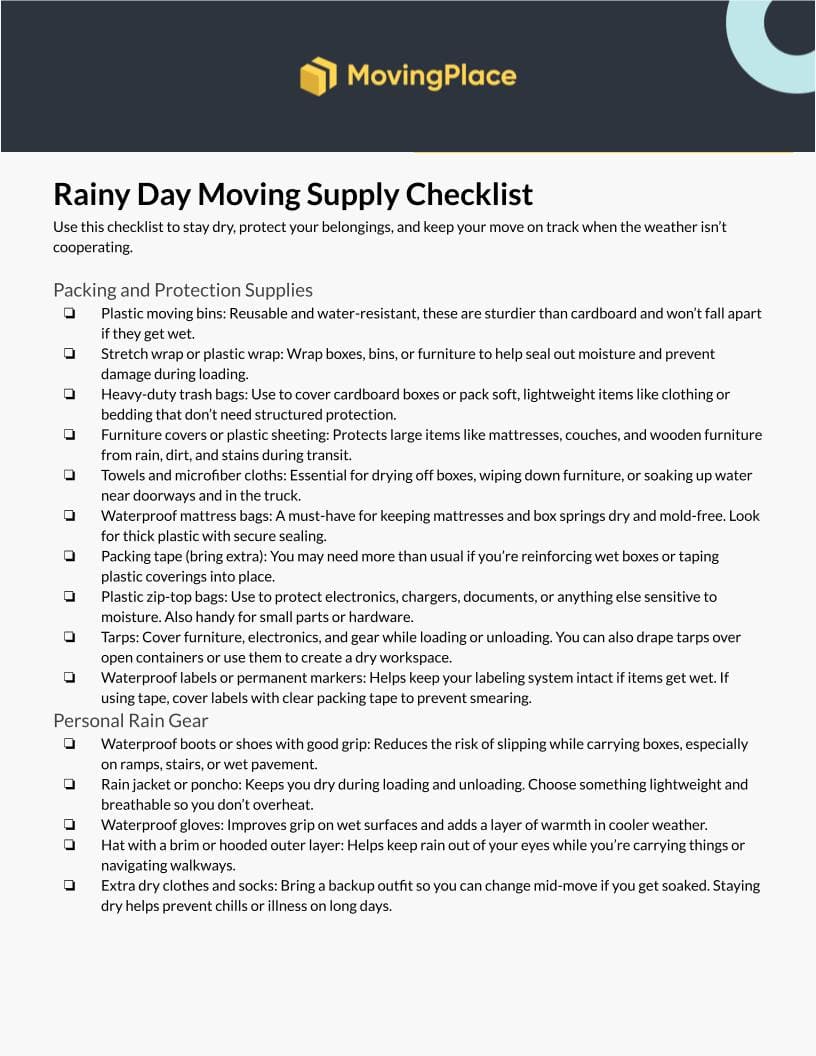An image of a checklist on the packing and protection supplies needed for a rainy-day move.
